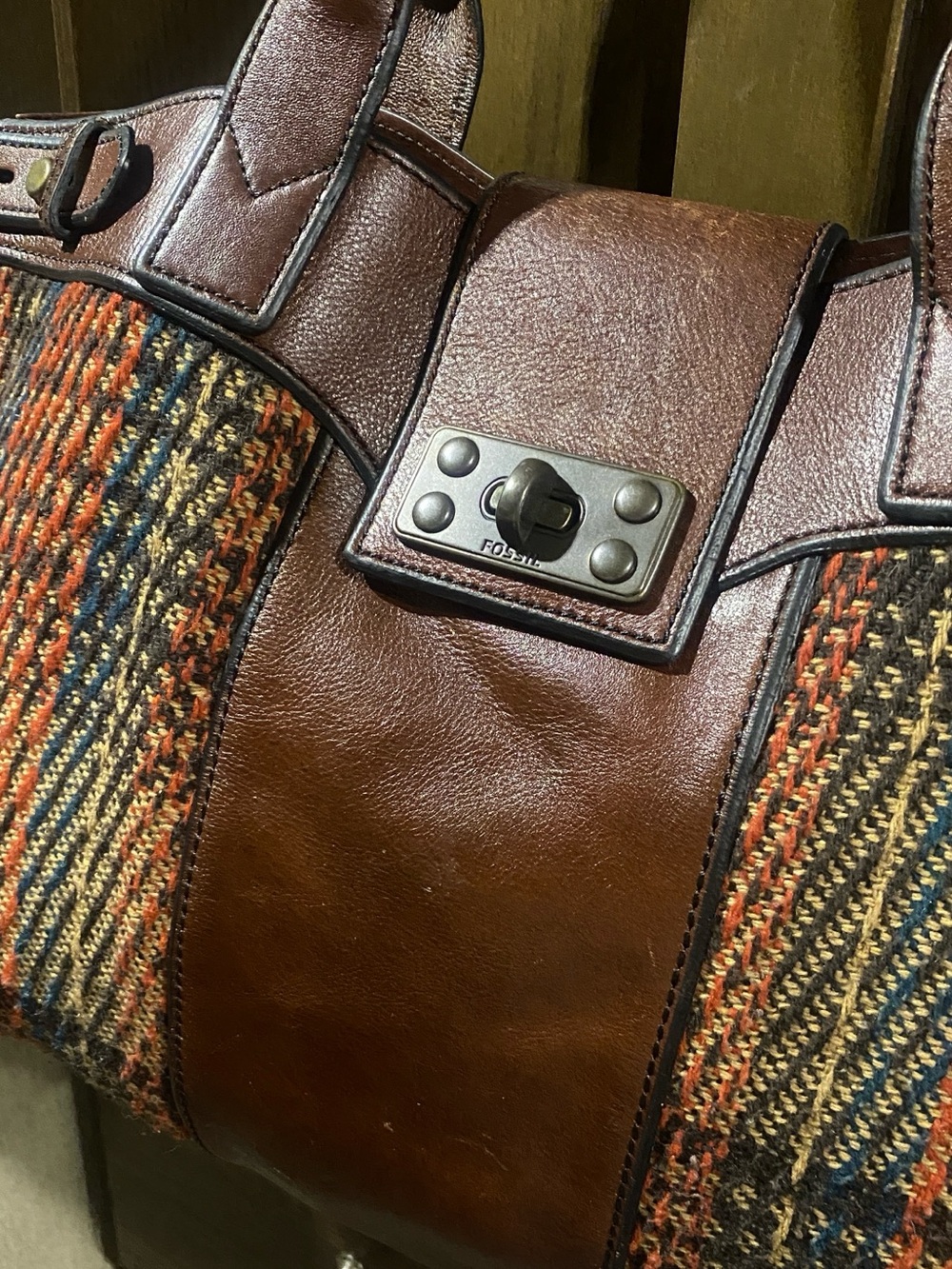 FOSSIL vintage reissue weekender XL leather plaid tote travel bag - Picture 5 of 10